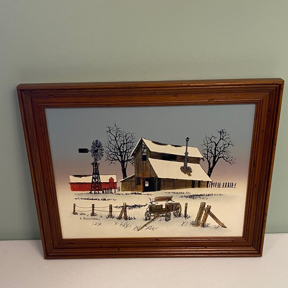 H. Hargrove Serigraph Framed Winter Barn Scene Painting